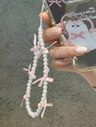 Cute Pink Ribbon Bow Bracelet Lanyard Phone Chain Compatible With IPhone Universal Accessories Women Girl Charm Lanyard Wrist Strap Anti-Lost Phone Chain Rope Hanging Cord Jewelry Gifts For Mother, Family, Friends, Birthday, Holiday Phone Charm