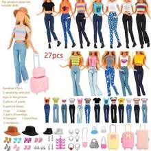 27 件随机娃娃衣服及配饰套装，适合 11 英寸娃娃，包括 5 件上衣、5 条裤子、4 双鞋子、1 顶帽子、2 个耳环、4 个衣架、3 条项链、2 个包、1 个旅行包（款式和颜色随机），送给年轻人的绝佳礼物，派对礼品套装（不含娃娃） - 彩色 - 查看 11