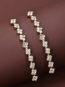 Mujer 2 piezas Pendientes simple con elegante largo cuadrado diamante completo para novia - Plateado - Ver 4