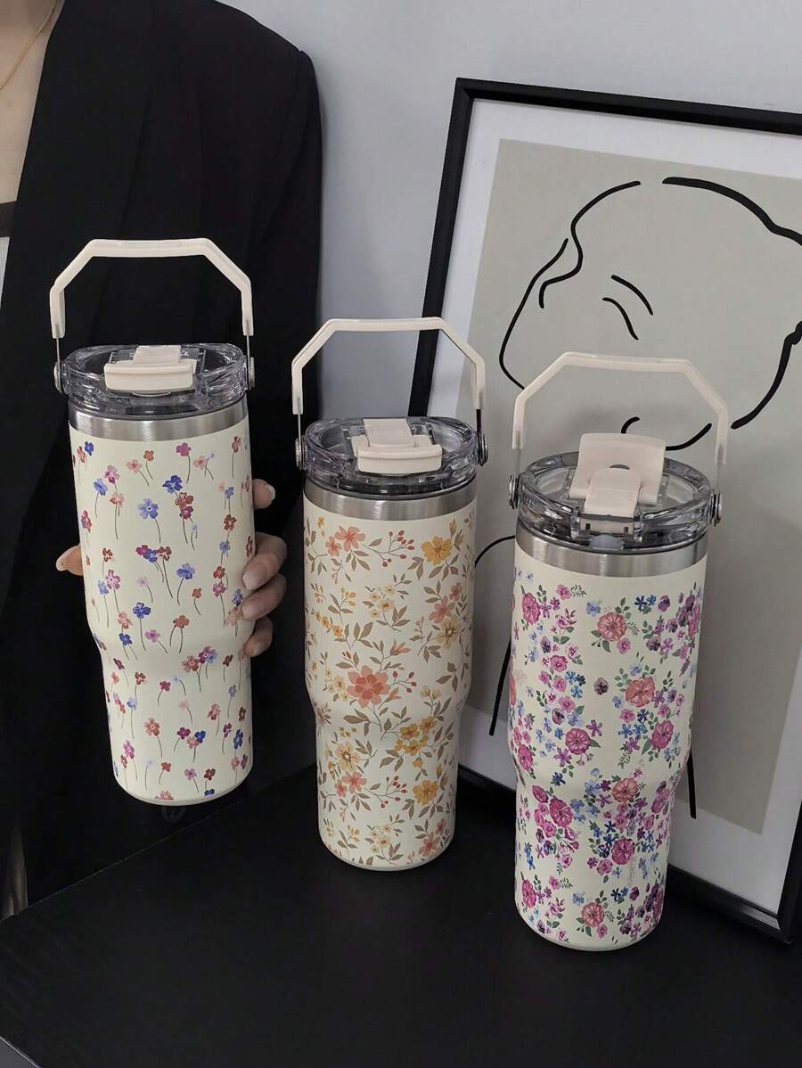 1 件 900 毫升/33.44 盎司花卉系列保温杯,防漏旅行杯,带手柄和吸管,双饮水盖,适合旅行、户外、健身房、返校节礼物 - 彩色 - 查看 1