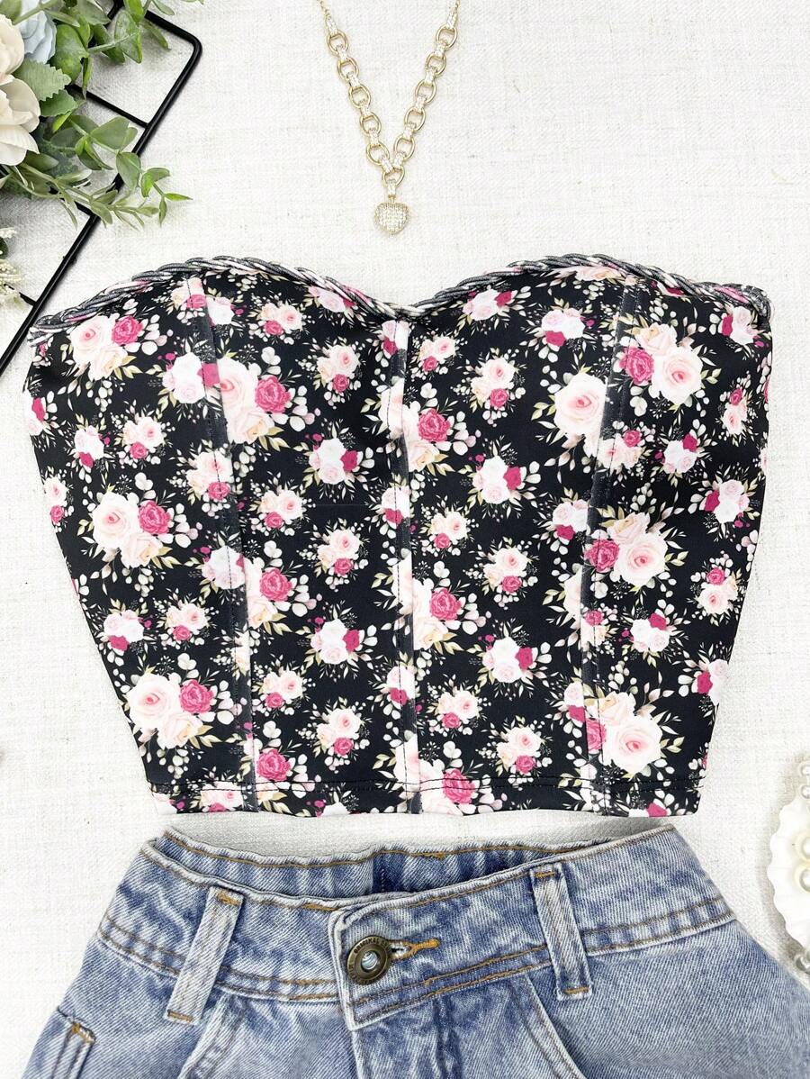 ELLIE Butterfly/Flower Cropped Top With Neoprene Padding - hoa màu đen - Xem 1