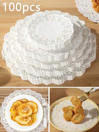 100pcs Round Paper Lace Doilies Paper,Disposable Baking Placemats Pad Doily,For Dessert Fried Food Plate, Wedding Tableware Decoration, Cake Packaging Air Fryer Paper,Kitchen Air Fryer Liners,Crafts, Tableware Decor, Parties, Cakes, Desserts,Baked, Grilled,BBQ