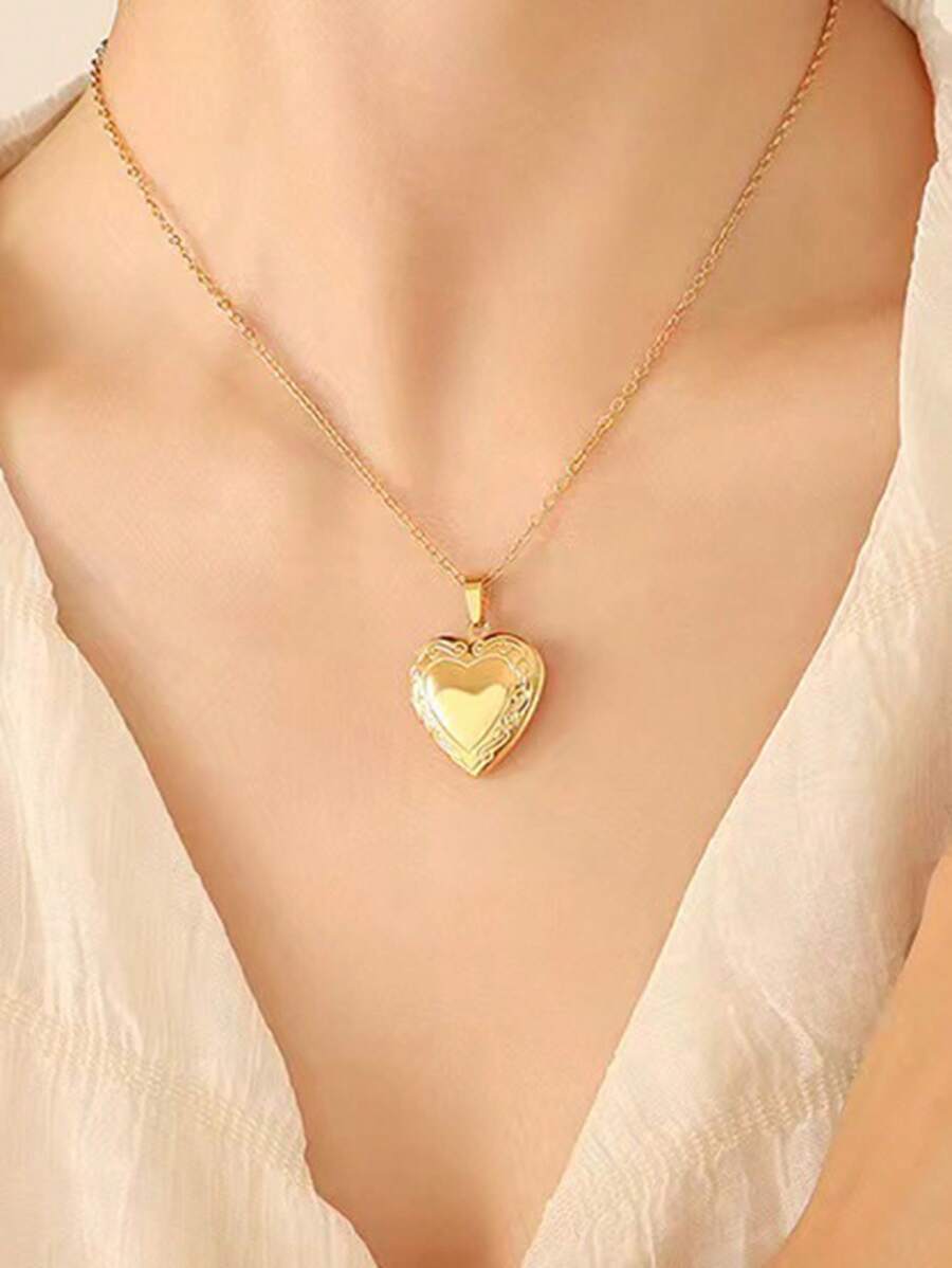 女士时尚吊坠项链，简约优雅的铜材质心形盒子项链，适合日常佩戴和送礼 - 銀色 - 查看 1