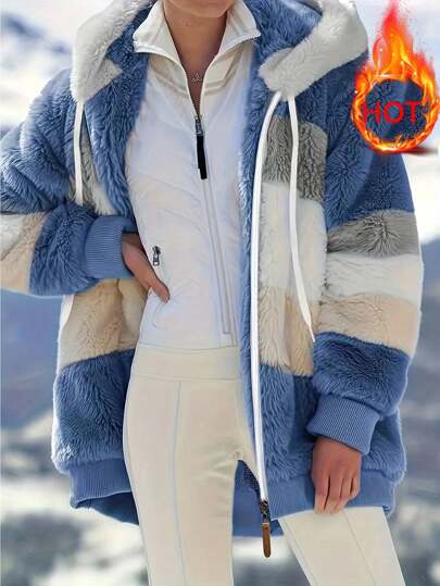 女款蓬松新款拼色连帽夹克，宽松版型，秋冬款