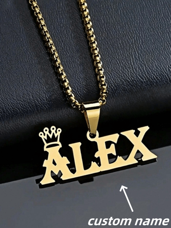 1 collar de acero inoxidable personalizado plateado, dorado o rosa dorado, con colgante con corona y nombre personalizado, colgante de etiqueta con letra, adecuado para hombres, regalo para el Día del Padre, regalo de Navidad, regalo de San Valentín, regalo de cumpleaños, dorado elegante, moda otoñal, vintage, unisex, simple, casual, hipster, gótico, punk, personalizado, único, regalo ideal para ella, amigos, aniversarios, San Valentín, Día de la Madre, graduación, Día del Padre, bodas, para uso diario, fiesta, graduación