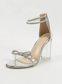 Giày sandal cao gót nữ thời trang xuân/hè với quai đính đá, khóa kéo phía sau, gót chunky, kiểu dáng tối giản mũi tròn, thích hợp cho ngày Valentine. - Bạc - Xem 7