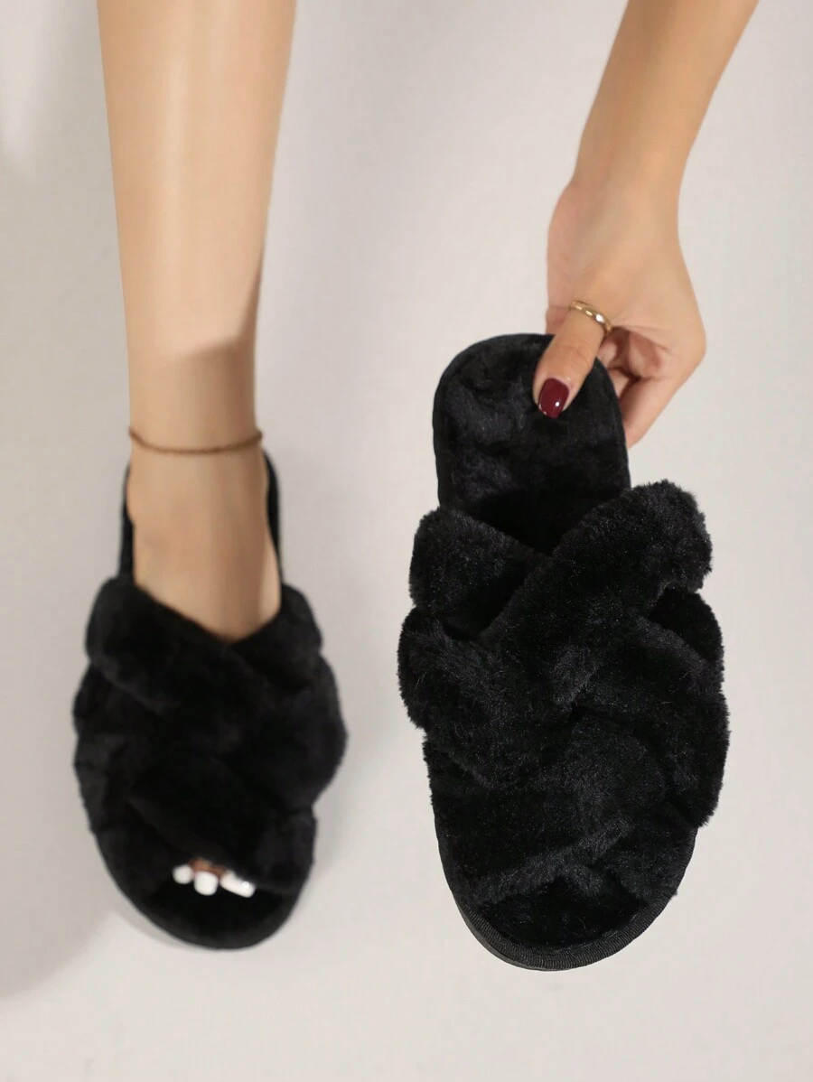女士秋冬露趾交叉蓬松一脚蹬拖鞋，黑色简约家居拖鞋，室内外均可使用，毛茸茸的鞋子 - 黑色 - 查看 1