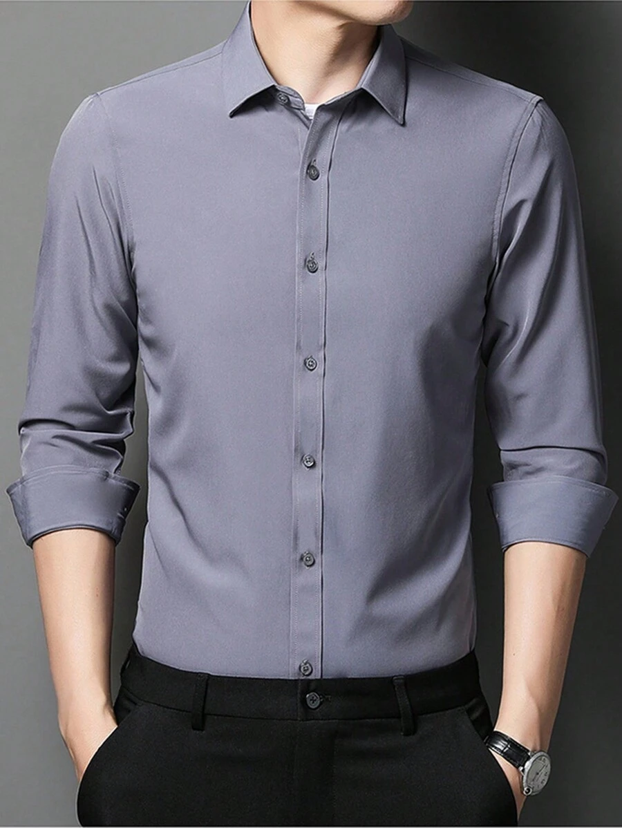 Men's Long Sleeve Button Down Dress Shirt In Microfiber Fabric - Dark Grey - View 1