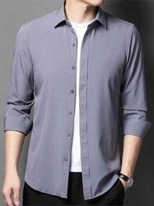 Men's Long Sleeve Button Down Dress Shirt In Microfiber Fabric - Dark Grey - View 2