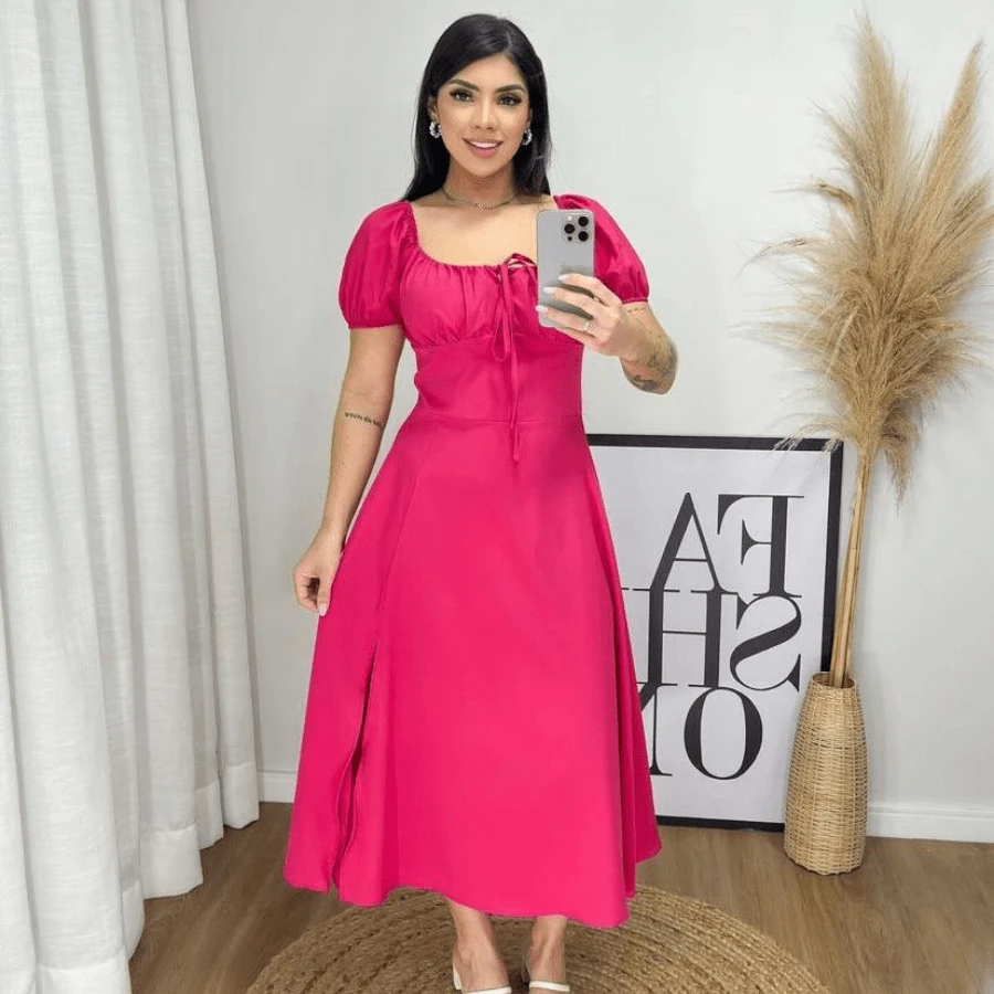 Midi Dress With Square Neckline And Puff Sleeves - 玫紅色 - 查看 1