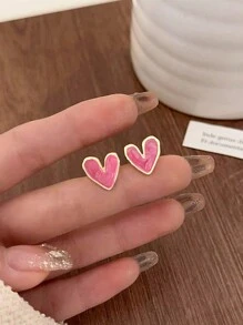 1 Pair Retro Sweet Delicate Asymmetrical Heart Design Minimal Daily Wear Earrings, Ideal Gift For Women, Autumn/Winter Valentines,Mom,Mother,Mother's Day,Gift - Pink - View 5