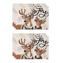 1 件/4 件/6 件冬季圣诞装饰餐垫，雪人驯鹿雪花铃铛绿叶浆果字母亚麻餐垫，防污垫，适用于家庭餐厅和餐馆，桌面装饰，家居用品 - 彩色 - 查看 19