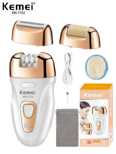 Kemei 新款脱毛器 KM-7102 电动脱毛器 无痛脱毛 女士体毛 腋毛 比基尼私密部位脱毛 女士足部磨毛器 光滑护肤套装 3 合 1 女士圣诞节或新年礼物