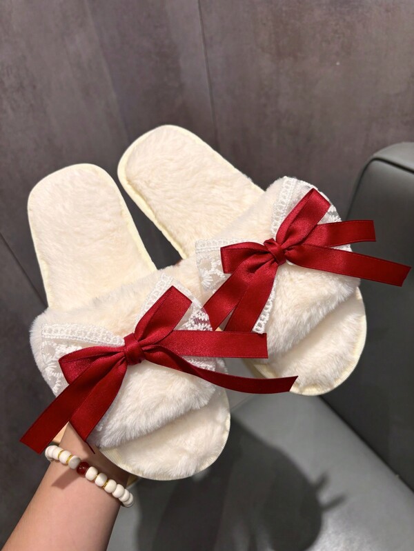 Women's Christmas Elegant Plush White Lace Bowknot White Ribbon Flat Plush Slip-On Slippers, Red Shoes For Valentine's Day, Wedding, Casual Wear