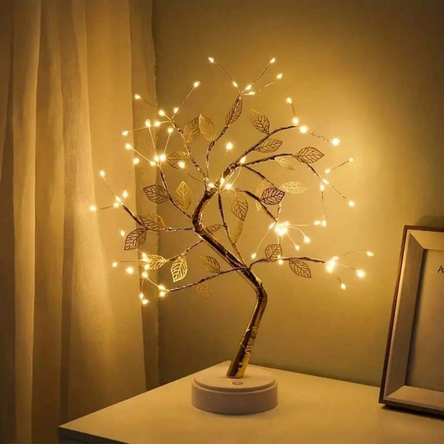 1pc Golden Leaf Tree Lamp, USB Or Battery Powered, 72 LED Copper Wire