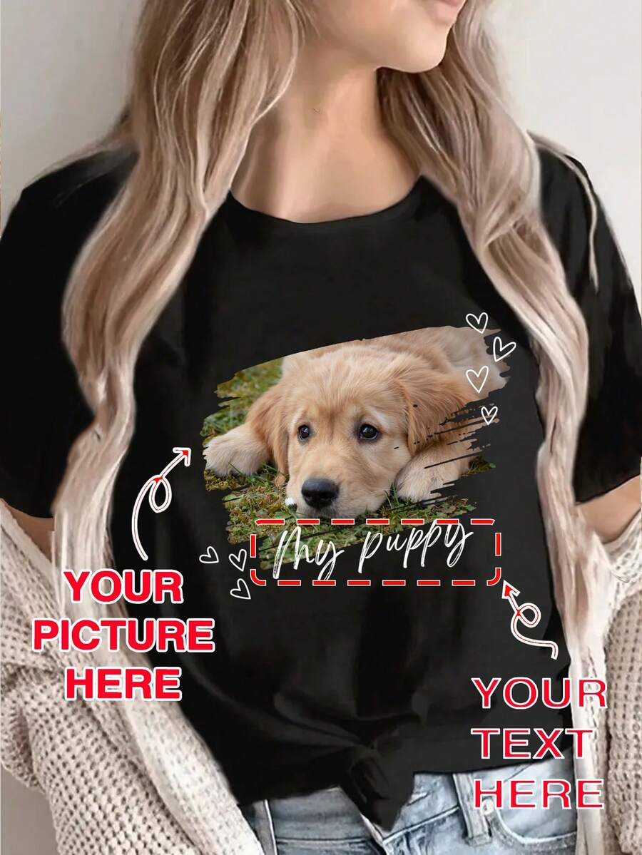 Personalized Photo Loose-Fitting T-Shirts, Customized Family Party/Group Outfits, Customized Text And Photos/Couples/Family/Pets/Friends, Music Festival Photos, Fall Clothes, Fall Tops, Women's Tops, Fall Women's, Black Tops, Holiday Gifts, Valentine's Day Gifts, Anniversary Gifts, Wedding Gifts, Best Friend Gifts, Music Festival Women's Clothing. - Black - View 1