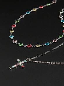 2 Stücke Herren Vintage Punk Kreuzanhänger Halskette mit Strass Kette, passend als Urlaubsgeschenk (zufällige Diamantfarbe und -position)