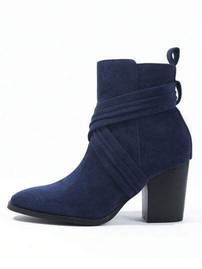 2024 Autumn/Winter New Arrival Women Shoes, Fashionable Pleated Square Toe Suede Thick High Heel Mid-Calf Boots With Side Zipper,Ideal With Cardigan