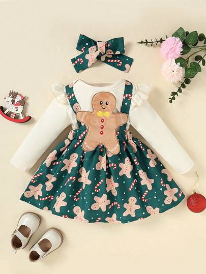 Baby Girl Christmas Gingerbread Jumpsuit With Bib & Bow Hair Band Set