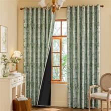 2pcs/Set Rose Flower Printed Blackout Window Curtain With Metal Grommets