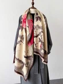 1 件 2024 秋冬新款仿羊绒梅花复古中国水墨画纹理印花双面保暖围巾披肩 - 彩色 - 查看 8