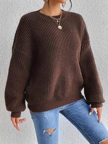 Women Solid Color Crew Neck Long Sleeve Basic Rib Knit Sweater,Long Sleeve Tops