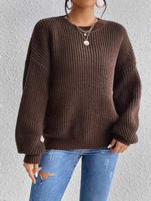 Women Solid Color Crew Neck Long Sleeve Basic Rib Knit Sweater,Long Sleeve Tops