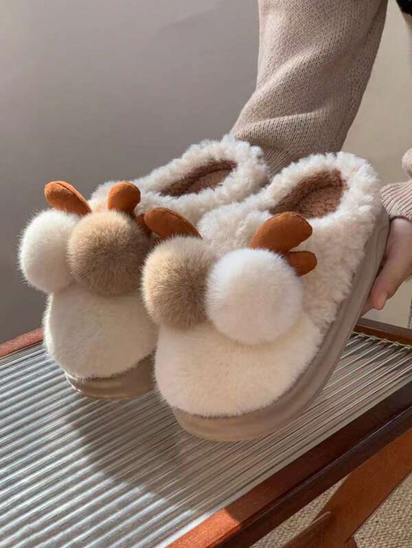 1 Paar unisex Teen Hirschgeweih Design Plüsch gefütterte flache Hausschuhe mit dicker Sohle, warm für Herbst/Winter