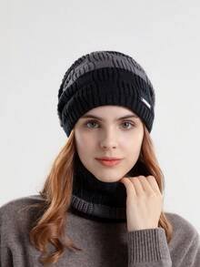 Mũ len đan ấm áp lót nhiệt dày cho nữ, mùa thu/đông - màu đen - Xem 3