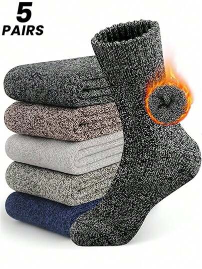 5 Pairs Men's Solid Color Vintage Style Thickened Crew Socks, One Size Fits 35-46, Unisex