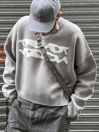 Herrtröja, Varm för höst och vinter, Europeisk och amerikansk stil, Unisex, Lös passform, Business Casual, High street, Nischdesign, Långärmad, Nedsänkt axel, Minimalistisk stickad topp med rund hals