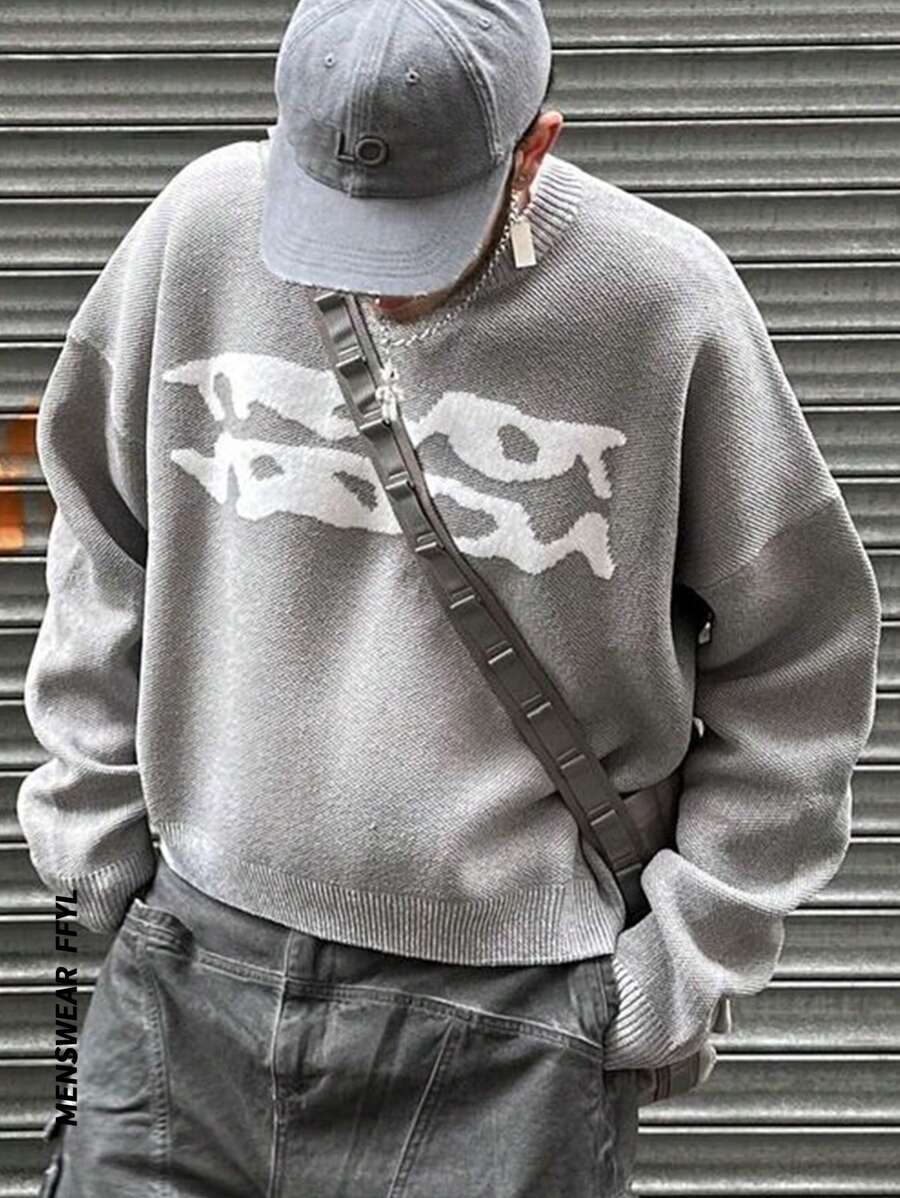 Men's Sweater, Warm For Autumn And Winter, European And American Style, Unisex, Loose Fit, Business Casual, High Street, Niche Design, Long Sleeve, Drop Shoulder, Minimalist Crew Neck Knit Top