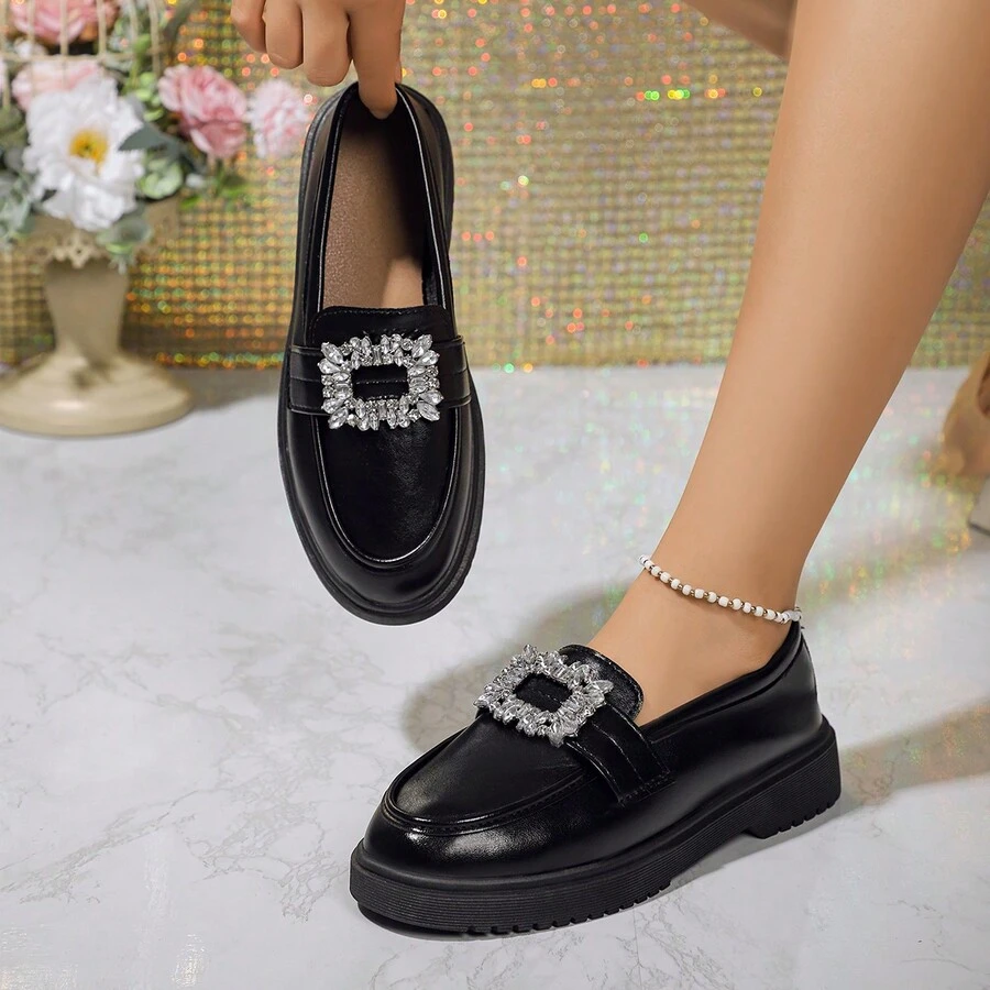 2024 秋冬新款圆头工作鞋，时尚性感水钻平底鞋，厚底女士户外一脚蹬鞋 - 黑色 - 查看 1