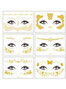 6 件金属纹身贴纸和雀斑贴纸，适合派对的闪亮临时面部纹身，适合节日和化妆舞会的逼真临时纹身贴纸，适合万圣节化妆的万圣节面部纹身 - 彩色 - 查看 7