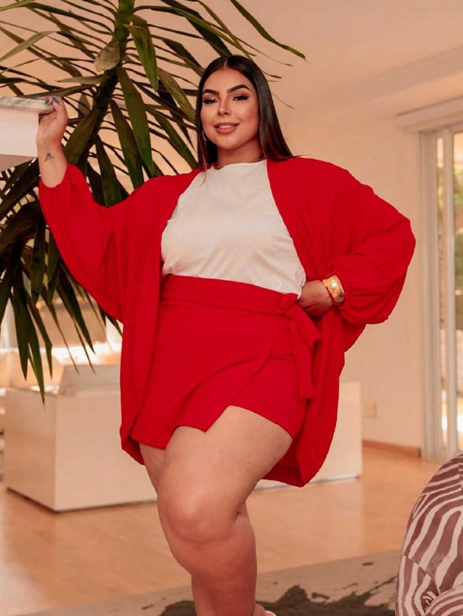 Plus Size 2-Piece Shorts And Kimono Set - Red - View 1