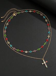 2 Stücke Herren Vintage Punk Kreuzanhänger Halskette mit Strass Kette, passend als Urlaubsgeschenk (zufällige Diamantfarbe und -position)