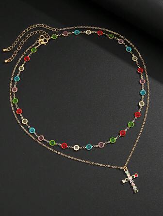 3pcs Men's Vintage Punk Cross Pendant Necklace With Rhinestone Chain, Suitable For Holiday Gifts (Diamond Color And Position Random)