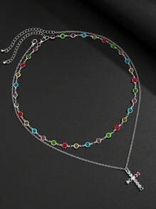 2 Stücke Herren Vintage Punk Kreuzanhänger Halskette mit Strass Kette, passend als Urlaubsgeschenk (zufällige Diamantfarbe und -position)