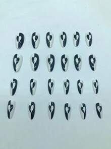Bộ 24 miếng dán móng tay hình trái tim đen trắng hình quả hạnh nhân, màu tương phản, miếng dán móng tay tươi mới - Đen và trắng - Xem 2