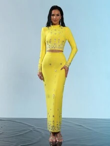 Modphy 2 件套 - 时尚串珠和水钻装饰短款长袖上衣和长裙 - 黃色 - 查看 2