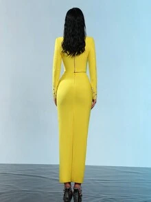 Modphy 2 件套 - 时尚串珠和水钻装饰短款长袖上衣和长裙 - 黃色 - 查看 7