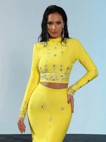Modphy 2 件套 - 时尚串珠和水钻装饰短款长袖上衣和长裙 - 黃色 - 查看 8