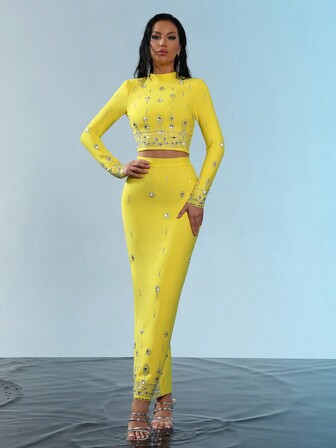 Modphy 2pcs Set - Fashionable Beaded & Rhinestone Embellished Cropped Long Sleeve Top & Long Skirt