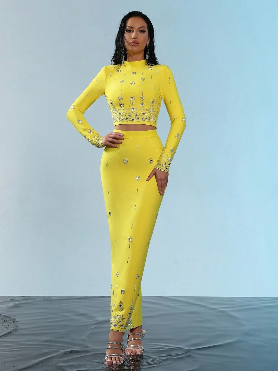 Modphy 2 件套 - 时尚串珠和水钻装饰短款长袖上衣和长裙 - 黃色 - 查看 1