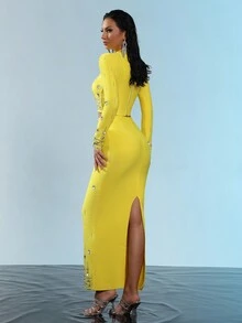 Modphy 2 件套 - 时尚串珠和水钻装饰短款长袖上衣和长裙 - 黃色 - 查看 6