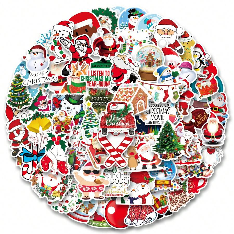 100 张圣诞贴纸乙烯基贴纸剪贴簿、日记、笔记本电脑、保险杠、滑板、水瓶、电脑、电话、卡通、安全帽、汽车贴纸 - 彩色 - 查看 1