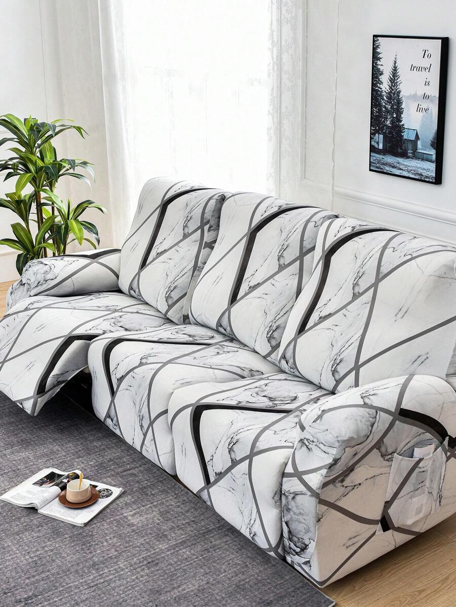 4/6/8 件/套弹力躺椅套,浅灰色几何图案印花躺椅套,弹力沙发套,适用于客厅办公室家居装饰 - 淺灰色 - 查看 1