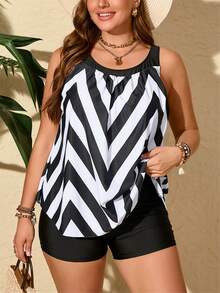 Women's Summer Beach Vacation Casual Fashion Loose Fitting Black & White V-Stripe Patterned Top & Relaxed Fit Board Short 2 Pieces Tankini Swimwear Set, Plus Size