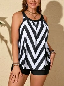 Women's Summer Beach Vacation Casual Fashion Loose Fitting Black & White V-Stripe Patterned Top & Relaxed Fit Board Short 2 Pieces Tankini Swimwear Set, Plus Size