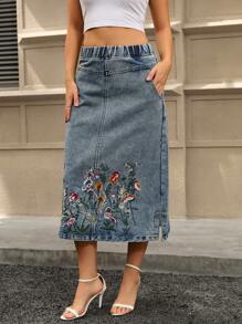 女式中长裙，优雅时尚弹力刺绣牛仔裙 - 中等水洗藍 - 查看 5